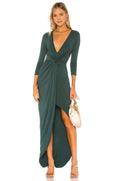 Dramatic Sheath Plunge Neck Three Quarter Sleeve Asymmetric Length Prom Dress
