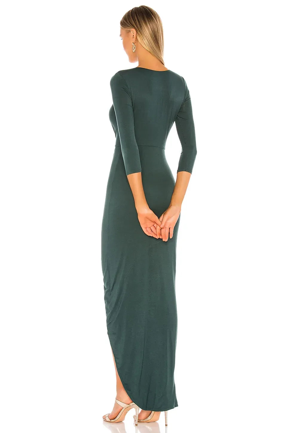 Dramatic Sheath Plunge Neck Three Quarter Sleeve Asymmetric Length Prom Dress