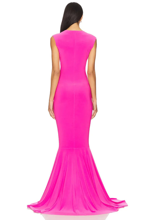 Robe de soirée sirène spectaculaire à col V plongeant, manches courtes et froncée