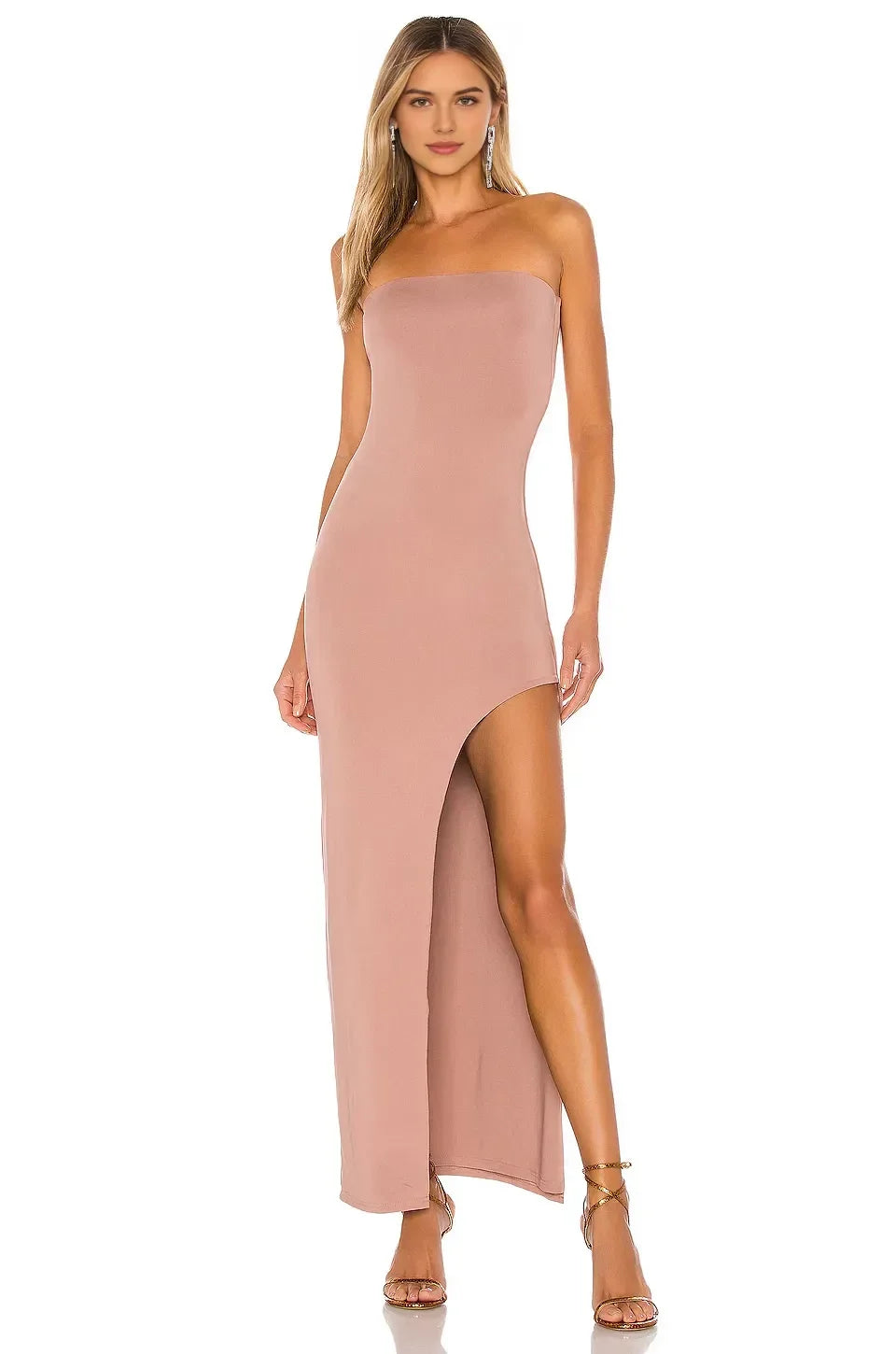 Dramatic Sheath Strapless Asymmetric High Slit Floor Length Prom Dress