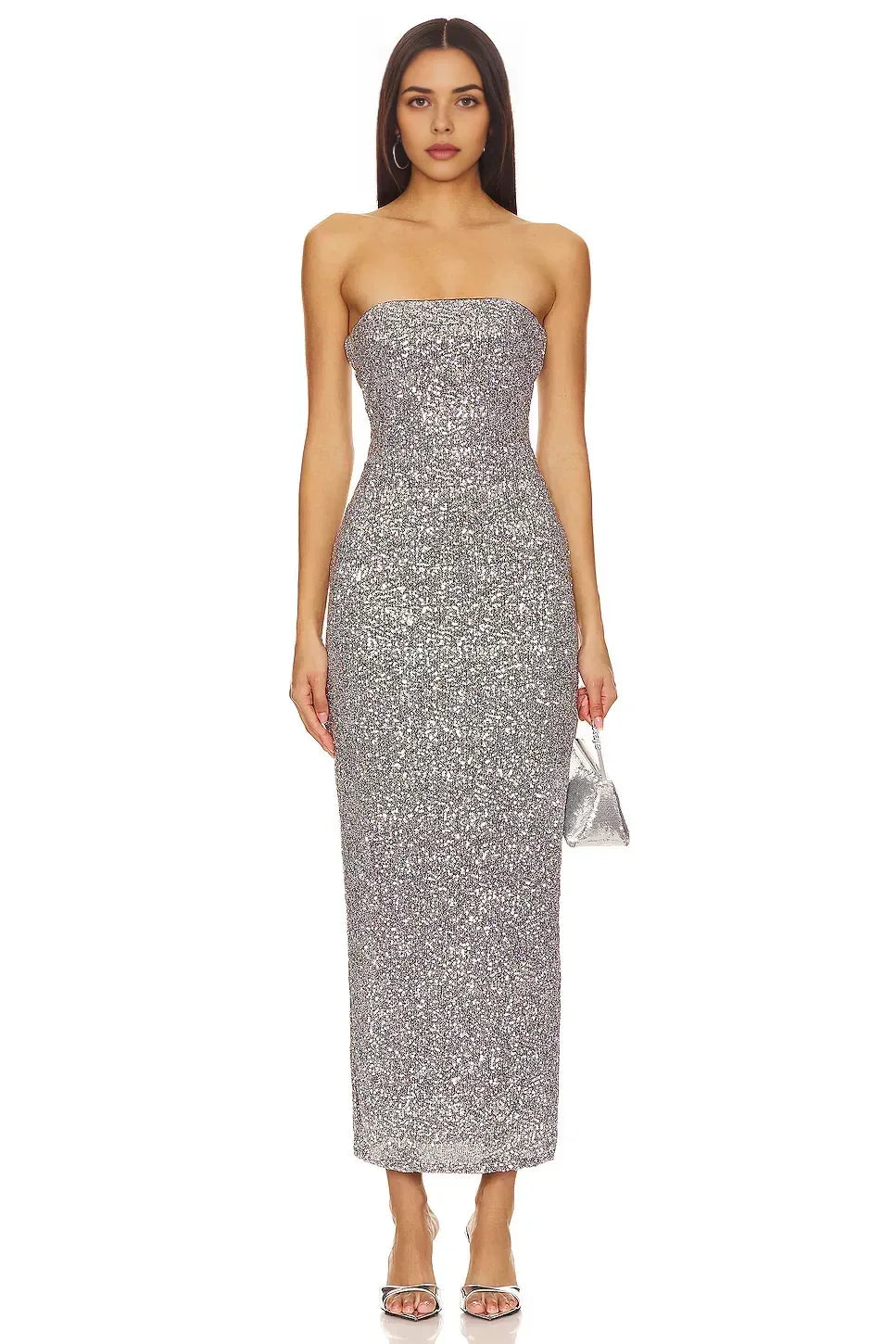Dramatic Sheath Strapless Sequin Detail High Slit Midi Length Prom Dress