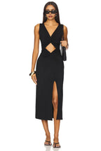 Dramatic Sheath V Neck Sleeveless Cutout Twist High Slit Midi Length Prom Dress