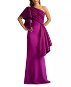 Dramatic Trumpet One Shoulder Ruffled Sleeve Wrap Back Floor Length For Adults Prom Dress