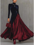 Dramatic High Neck Long Sleeve Color-Blocked Navy & Burgundy Maxi Prom Dress for Women Custom