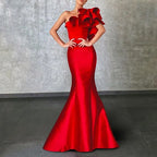 Dramatic Mermaid One-shoulder Sleeveless Ruffled Red Maxi Prom Dress for Women Hot Sale
