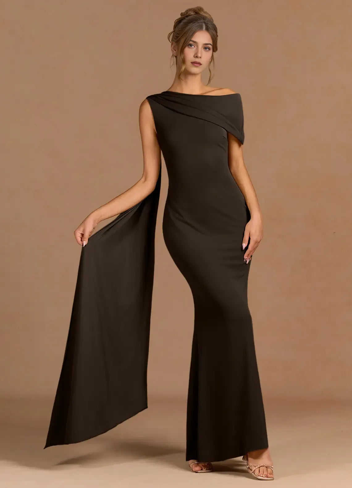 Draped Cape One Shoulder Satin Mermaid Floor Length For Ladies Prom Dress