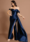 Draped Shoulder Off Shoulder Satin Mermaid Open Back Train High Slit Floor Length For Sale Prom Dress