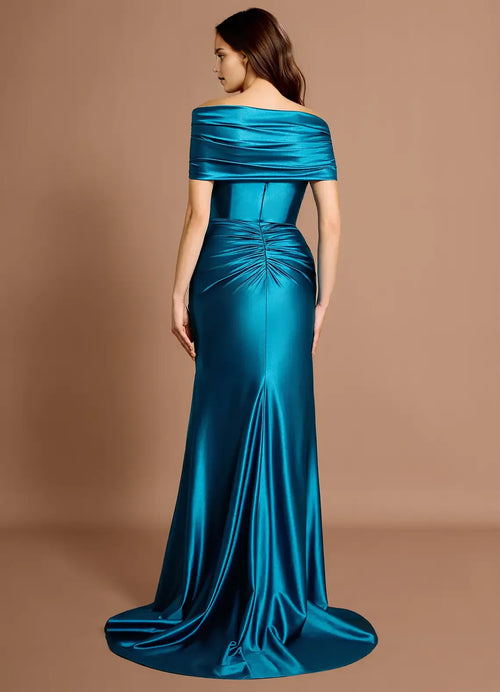 Robe de bal sirène en satin à épaules drapées, taille froncée, dos ouvert, traîne, fente haute, longueur ras du sol, à vendre
