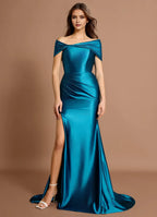 Draped Shoulder Off Shoulder Satin Mermaid Ruched Waist Open Back Train High Slit Floor Length For Sale Prom Dress