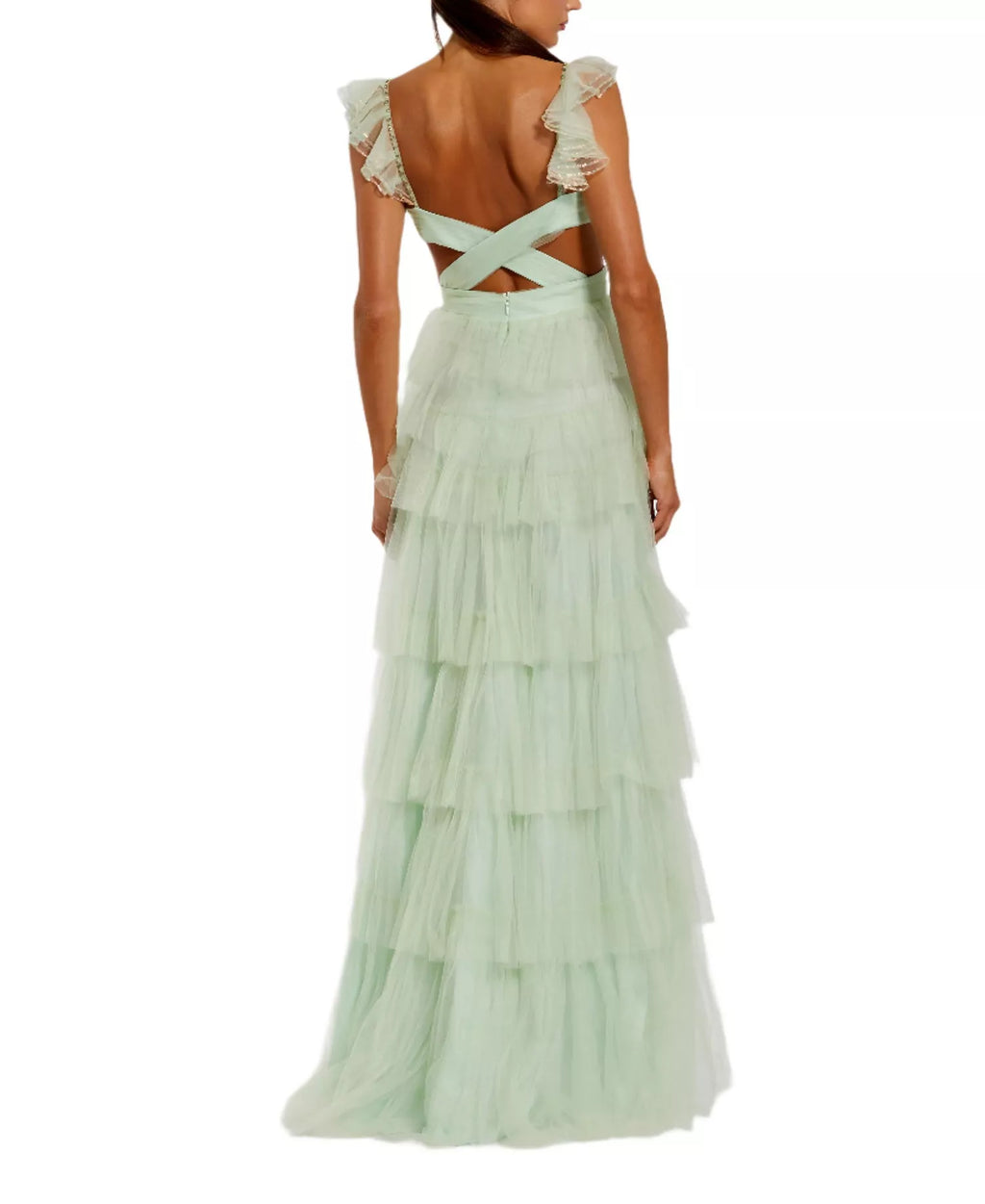 Dreamy A-Line Deep V Neck Ruffle Sleeve Cross Back Floor Length Female Prom Dress