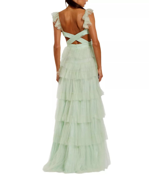 Robe de bal féminine longue évasée, encolure en V profond, manches à volants, dos croisé, style rêveur