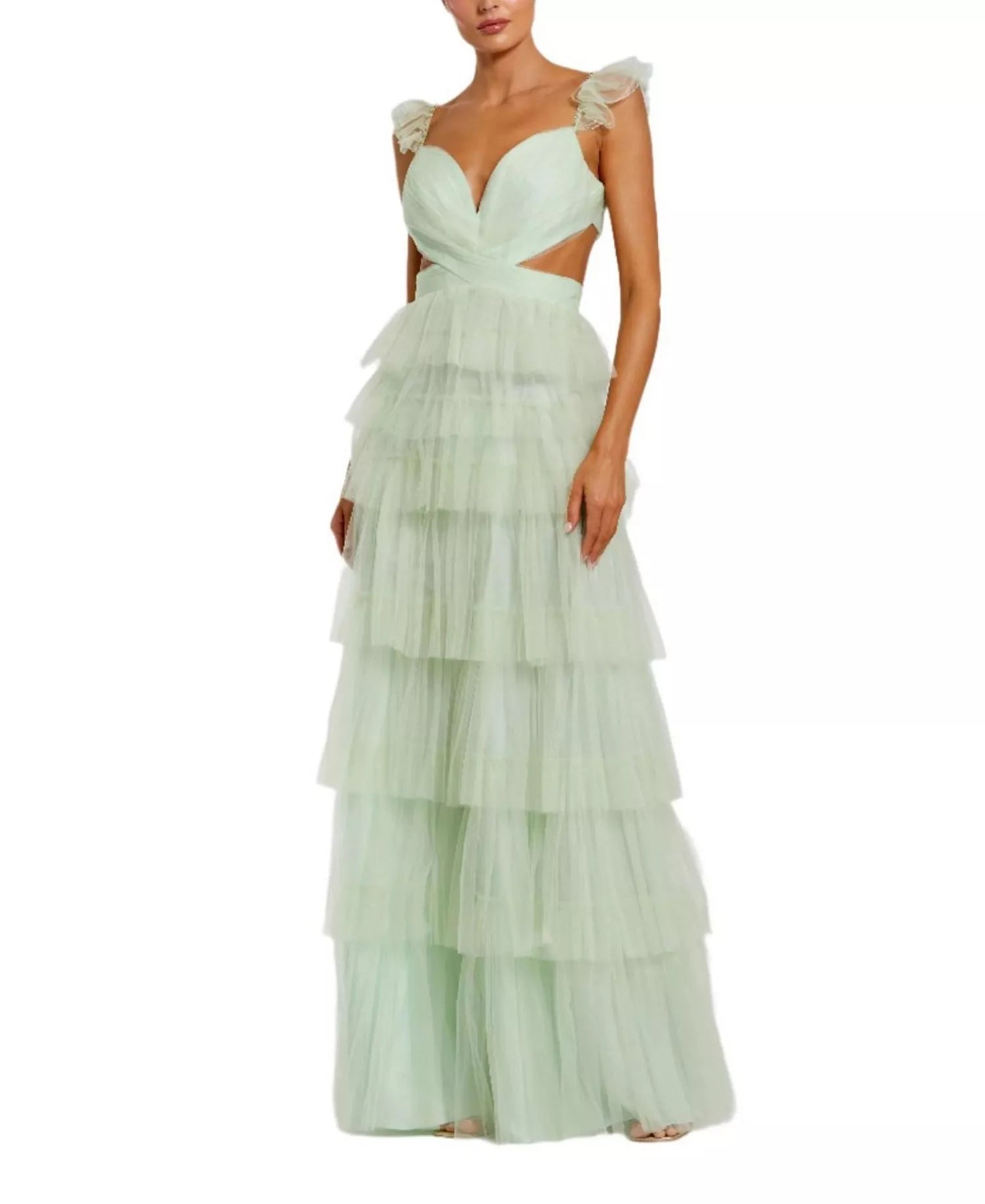 Dreamy A-Line Deep V Neck Ruffle Sleeve Cross Back Floor Length Female Prom Dress