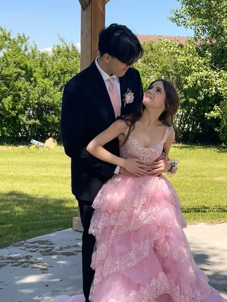Dreamy A-Line Off Shoulder Sweetheart Corset High Slit Tiered Prom Gown