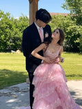 Dreamy A-Line Off Shoulder Sweetheart Corset High Slit Tiered Prom Gown