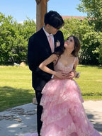 Dreamy A-Line Off Shoulder Sweetheart Corset High Slit Tiered Prom Gown