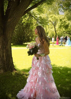 Dreamy A-Line Off Shoulder Sweetheart Corset High Slit Tiered Prom Gown
