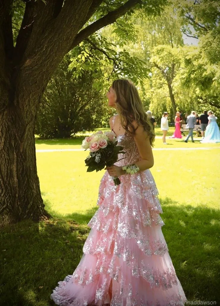 Dreamy A-Line Off Shoulder Sweetheart Corset High Slit Tiered Prom Gown