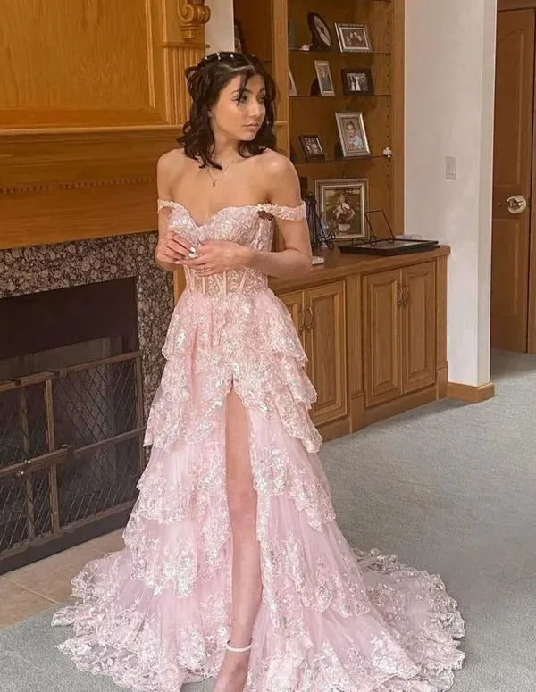 Dreamy A-Line Off Shoulder Sweetheart Corset High Slit Tiered Prom Gown