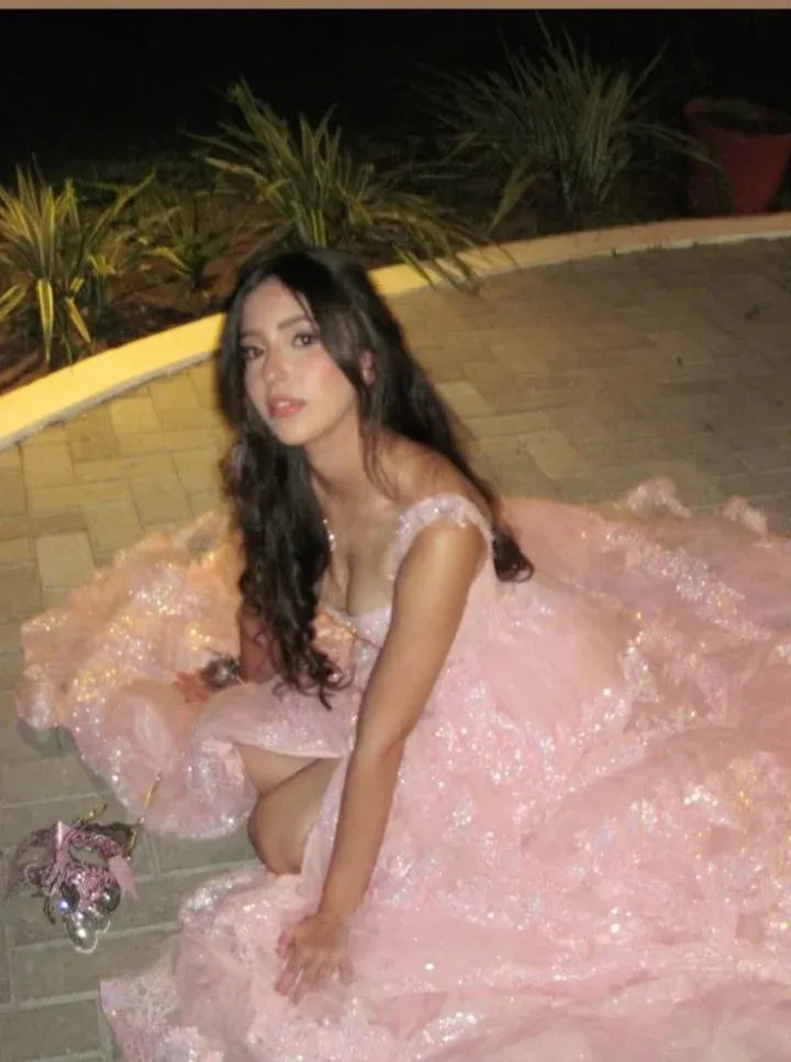 Dreamy A-Line Off Shoulder Sweetheart Corset High Slit Tiered Prom Gown