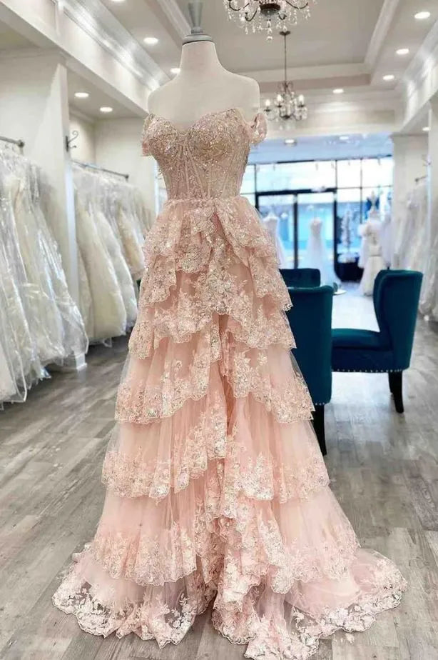 Dreamy A-Line Off Shoulder Sweetheart Corset High Slit Tiered Prom Gown