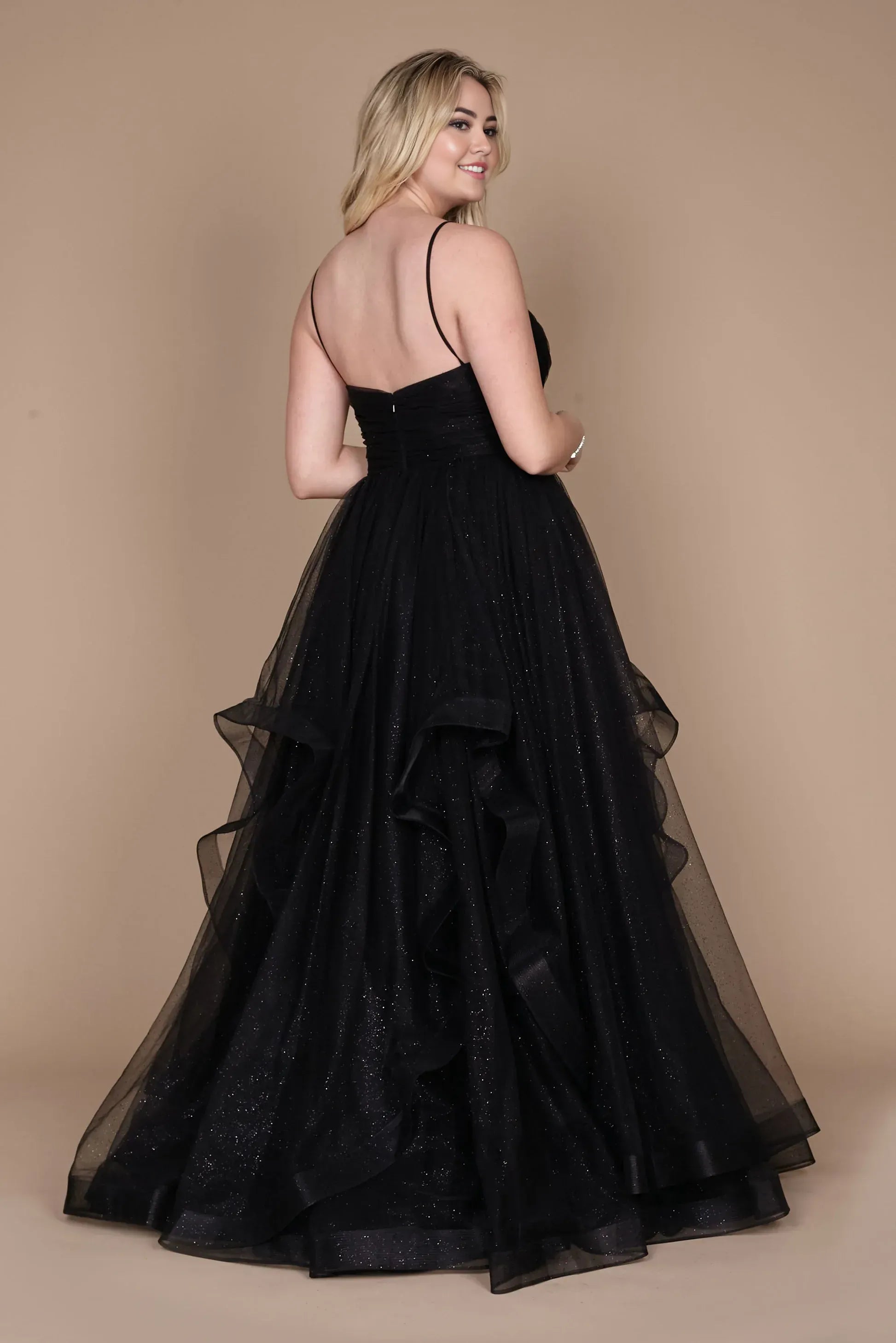 Dreamy A Line Plunge Neck Sleeveless Ruffled Skirt Floor Length Plus Size Evening Dress