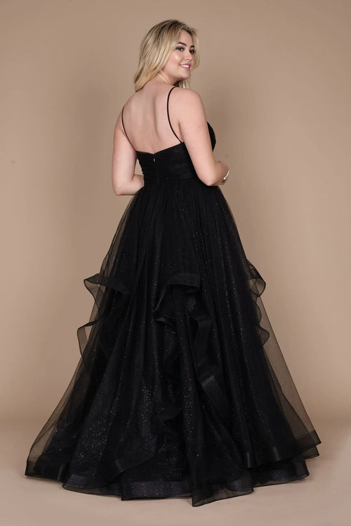 Dreamy A Line Plunge Neck Sleeveless Ruffled Skirt Floor Length Plus Size Evening Dress