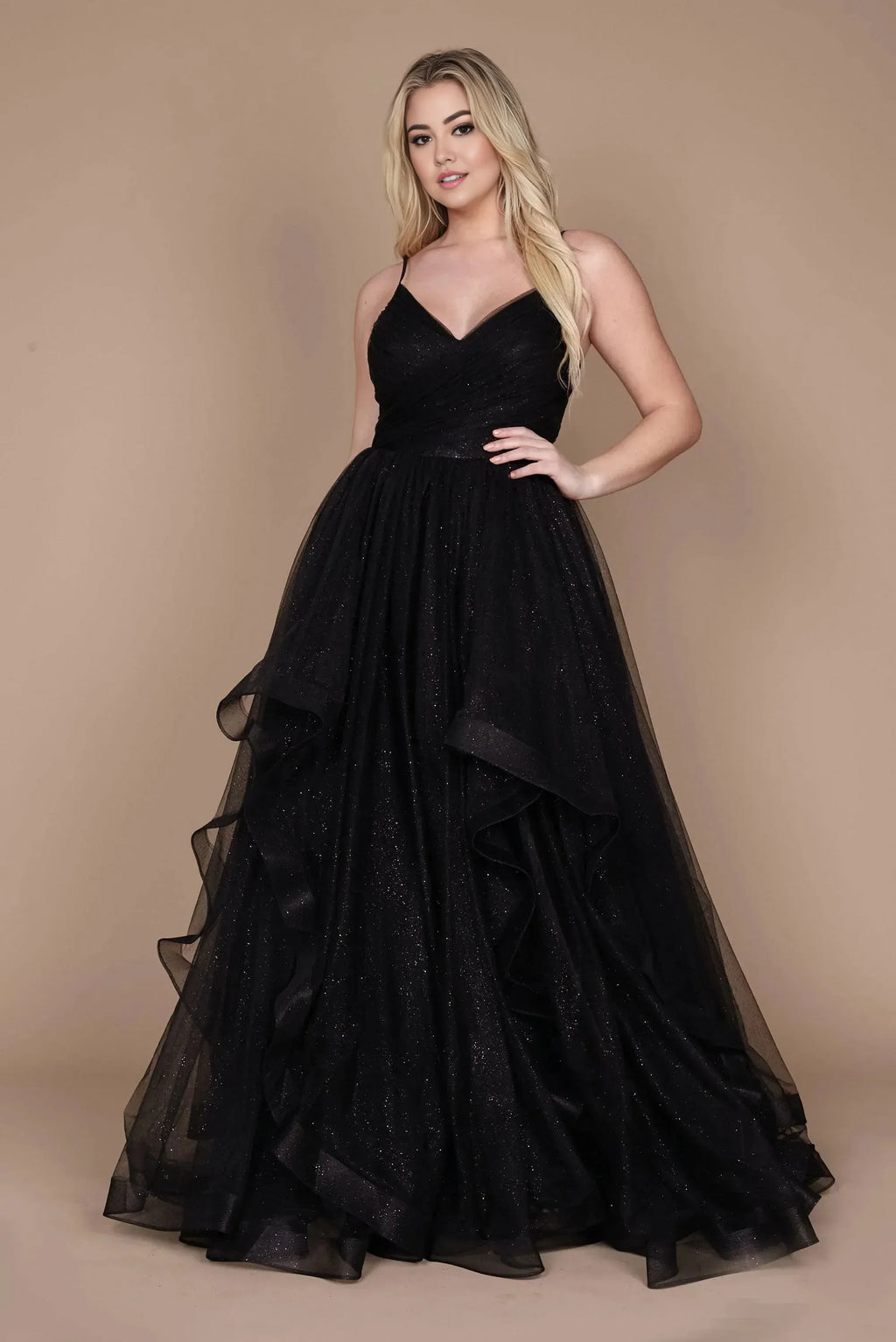 Dreamy A Line Plunge Neck Sleeveless Ruffled Skirt Floor Length Plus Size Evening Dress