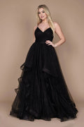 Dreamy A Line Plunge Neck Sleeveless Ruffled Skirt Floor Length Plus Size Evening Dress