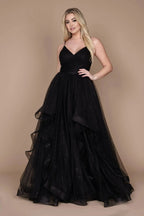 Dreamy A Line Plunge Neck Sleeveless Ruffled Skirt Floor Length Plus Size Evening Dress