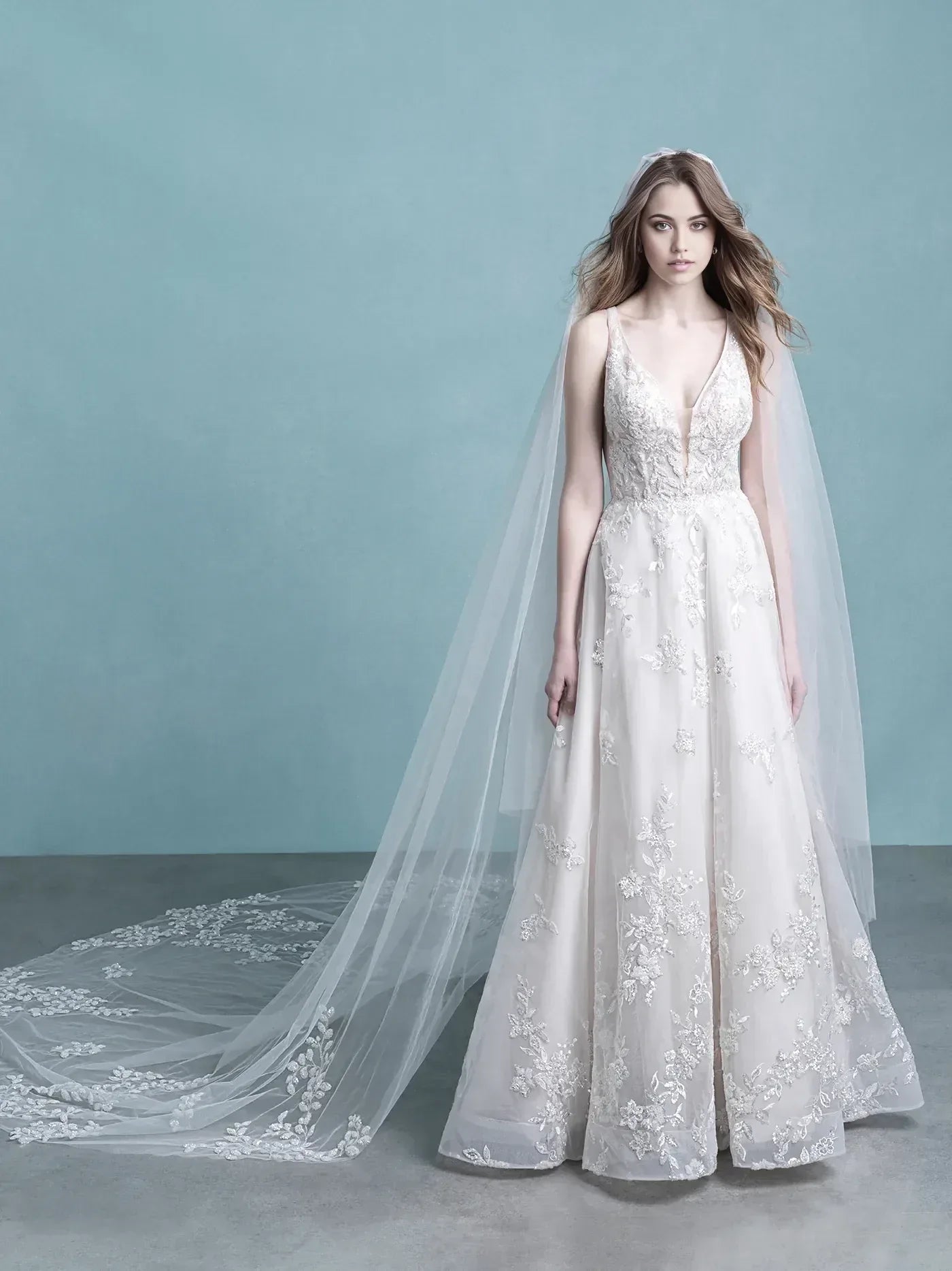 Dreamy A Line Plunging V Neck Sleeveless Open Back Floor Length Wedding Dress