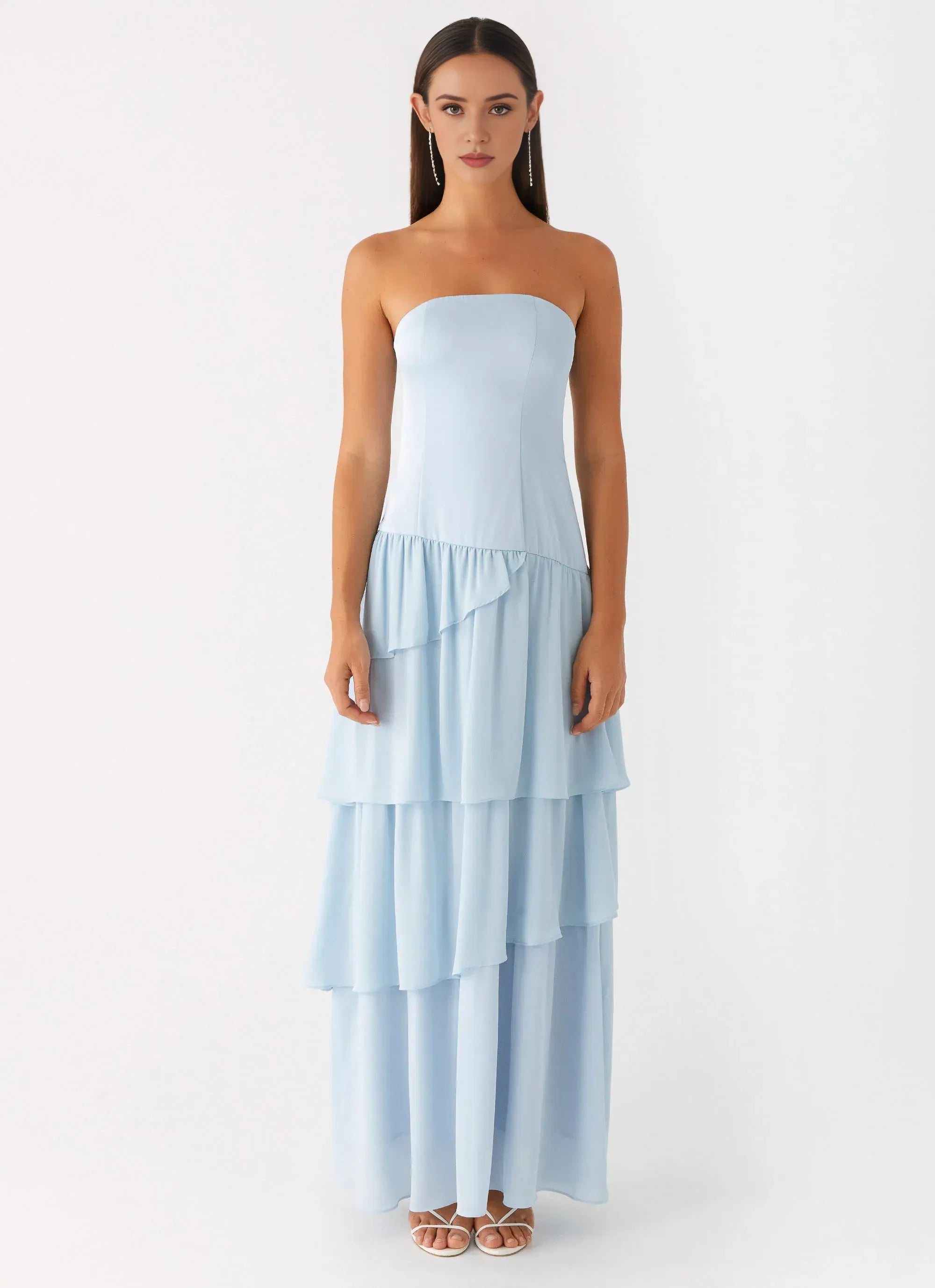 Dreamy A Line Strapless Sleeveless Tiered Ruffle Floor Length Plus Size Evening Dress