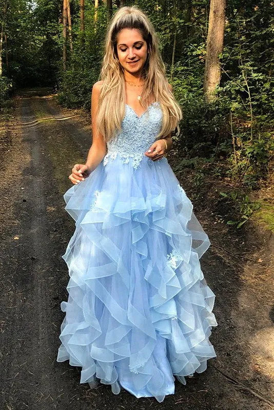 Dreamy A-Line V Neck Sleeveless Ruffle Maxi Prom Dress
