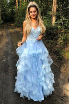 Dreamy A-Line V Neck Sleeveless Ruffle Maxi Prom Dress