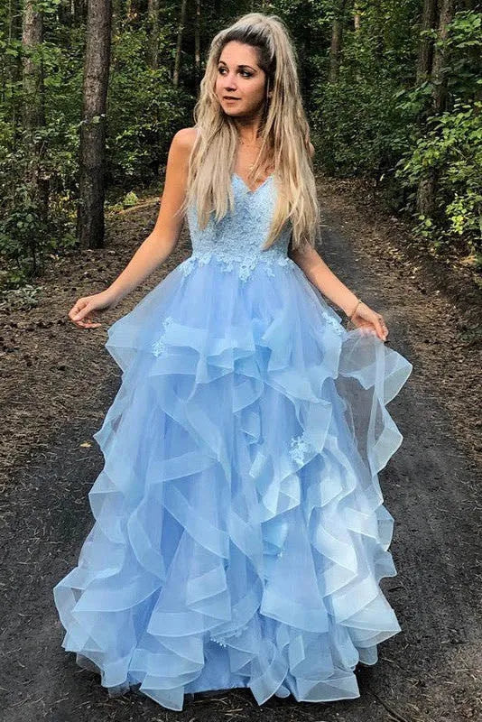 Dreamy A-Line V Neck Sleeveless Ruffle Maxi Prom Dress