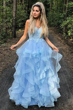 Dreamy A-Line V Neck Sleeveless Ruffle Maxi Prom Dress
