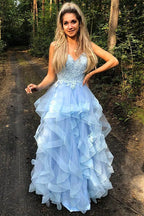 Dreamy A-Line V Neck Sleeveless Ruffle Maxi Prom Dress