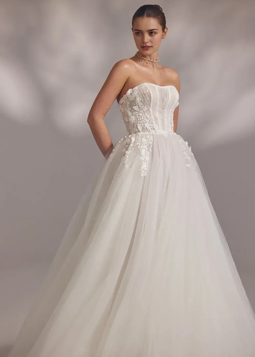 Dreamy Ball Gown Strapless Detachable Puff Long Sleeve Open Back Long Length Wedding Dress