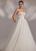 Dreamy Ball Gown Strapless Detachable Puff Long Sleeve Open Back Long Length Wedding Dress