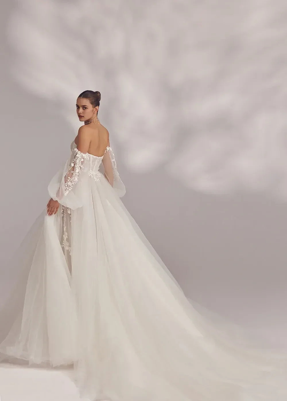 Dreamy Ball Gown Strapless Detachable Puff Long Sleeve Open Back Long Length Wedding Dress