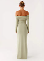 Dreamy Mermaid Off Shoulder Long Sleeve Draped Back Floor Length Plus Size Evening Dress