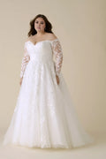 Dreamy Plus Size Ball Gown Off Shoulder Long Sleeve Button Back Floor Length Wedding Dress