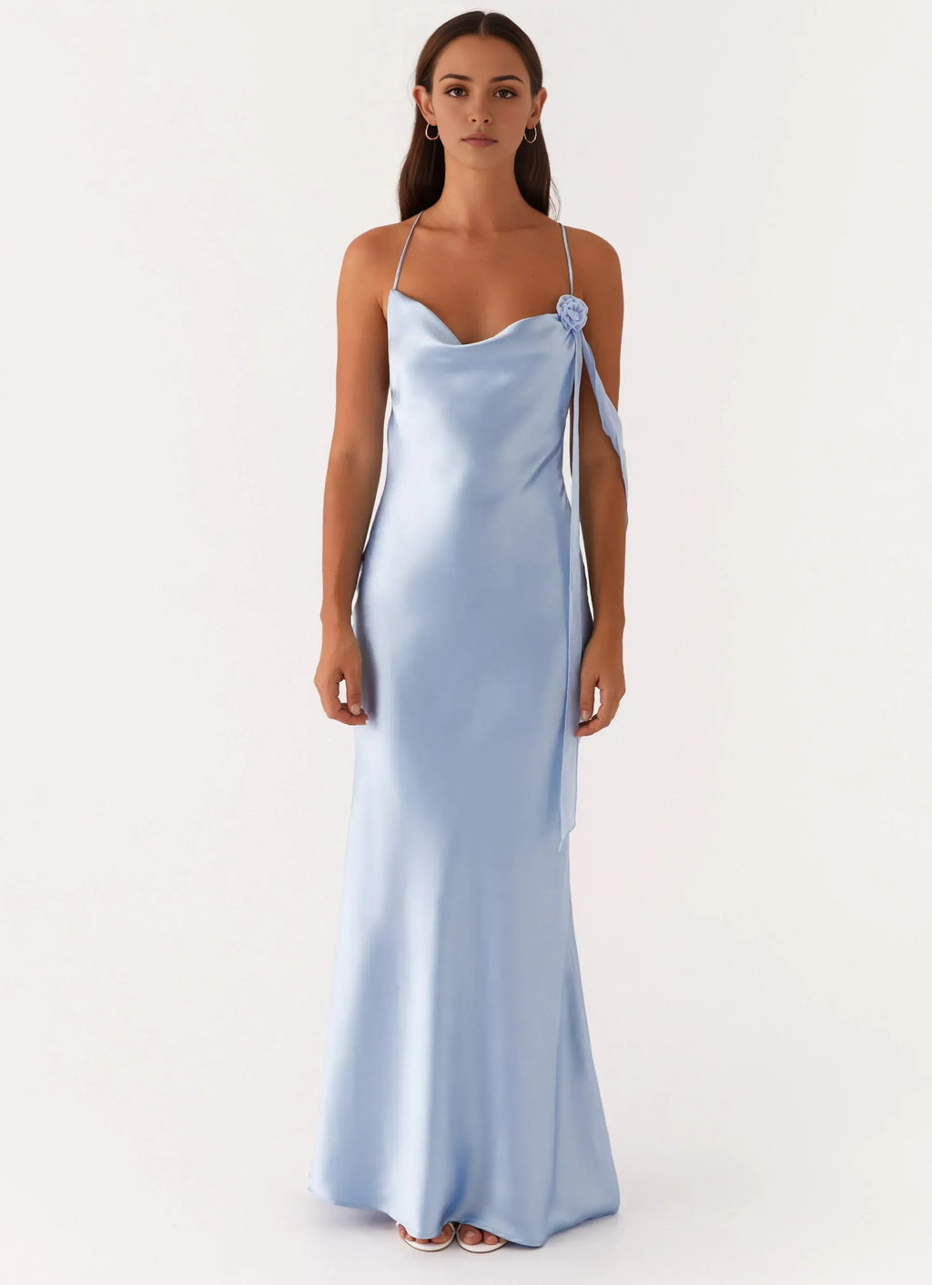 Dreamy Sheath Cowl Neck Sleeveless Floral Accent Crisscross Back Floor Length Plus Size Evening Dress
