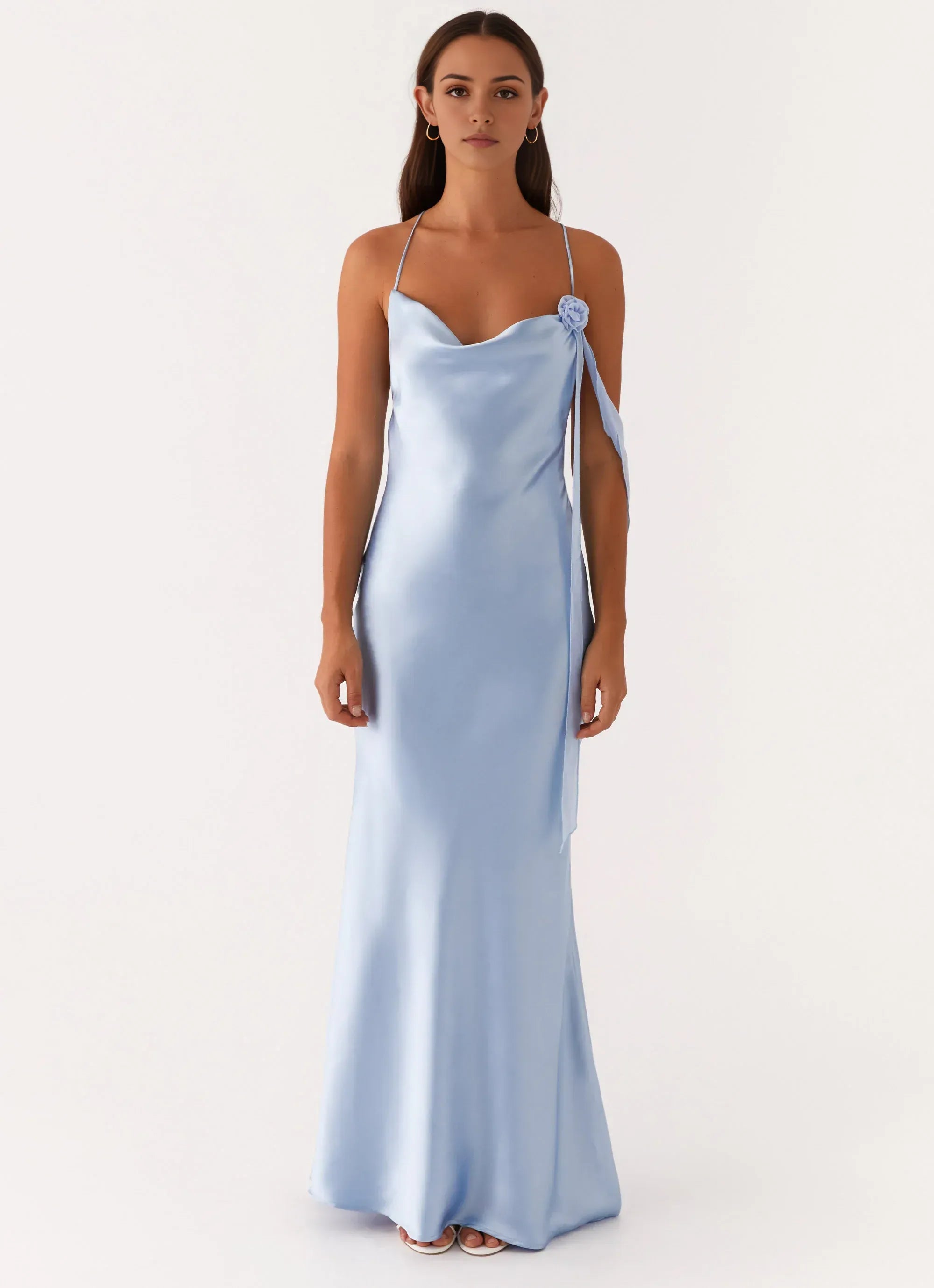 Dreamy Sheath Cowl Neck Sleeveless Floral Accent Crisscross Back Floor Length Plus Size Evening Dress