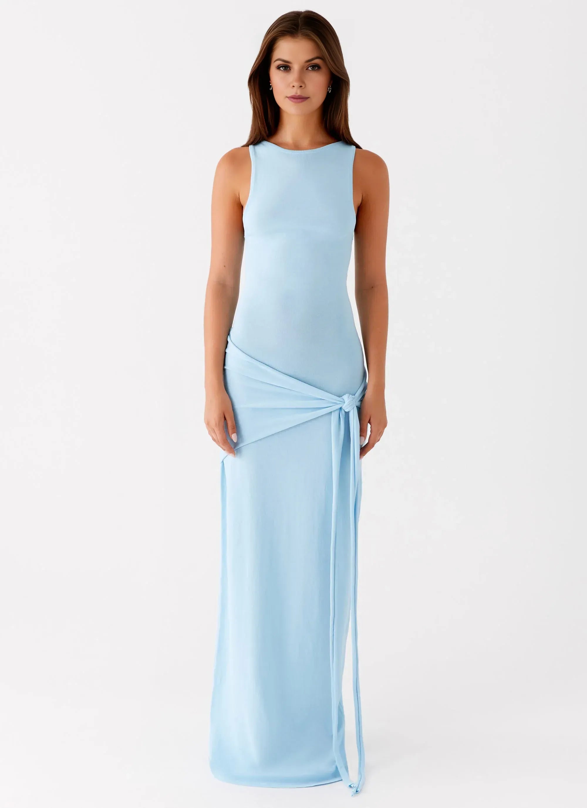 Dreamy Sheath Crew Neck Sleeveless Knotted Front Floor Length Plus Size Evening Dress