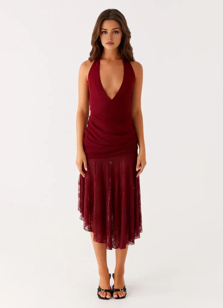 Dreamy Sheath Halter Neck Sleeveless Lace Trim Asymmetric Midi Plus Size Evening Dress