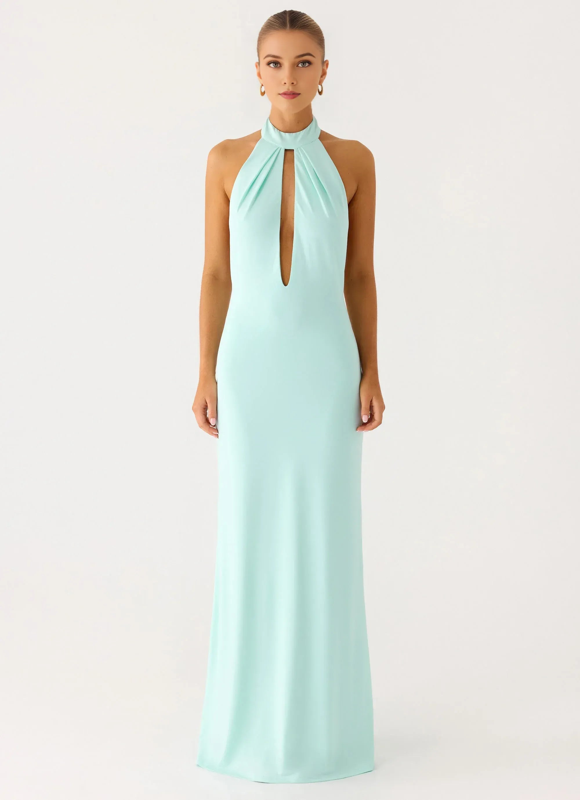 Dreamy Sheath Halter Neck Sleeveless Open Back Floor Length Plus Size Evening Dress