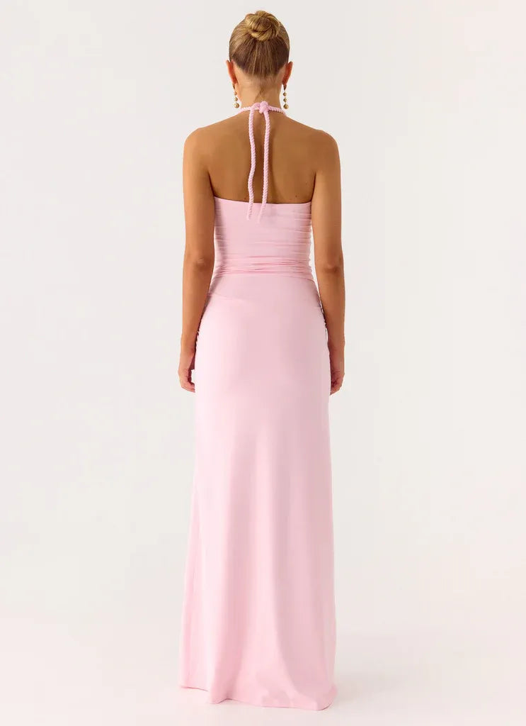 Dreamy Sheath Halter Neck Sleeveless Ruched Front Floor Length Plus Size Evening Dress