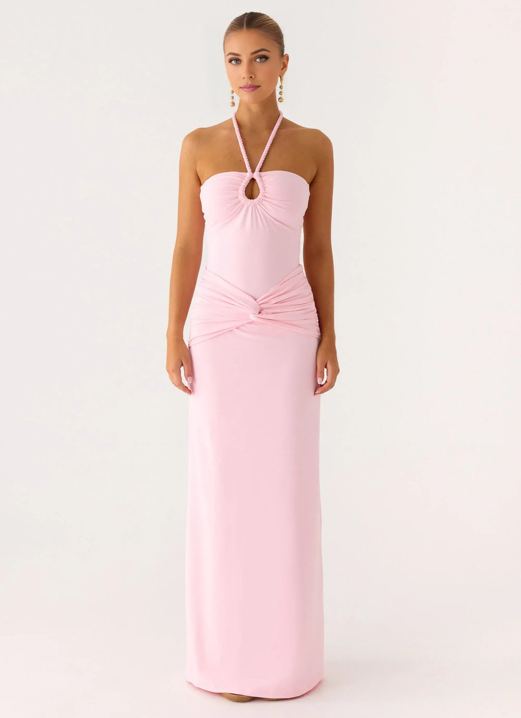 Dreamy Sheath Halter Neck Sleeveless Ruched Front Floor Length Plus Size Evening Dress
