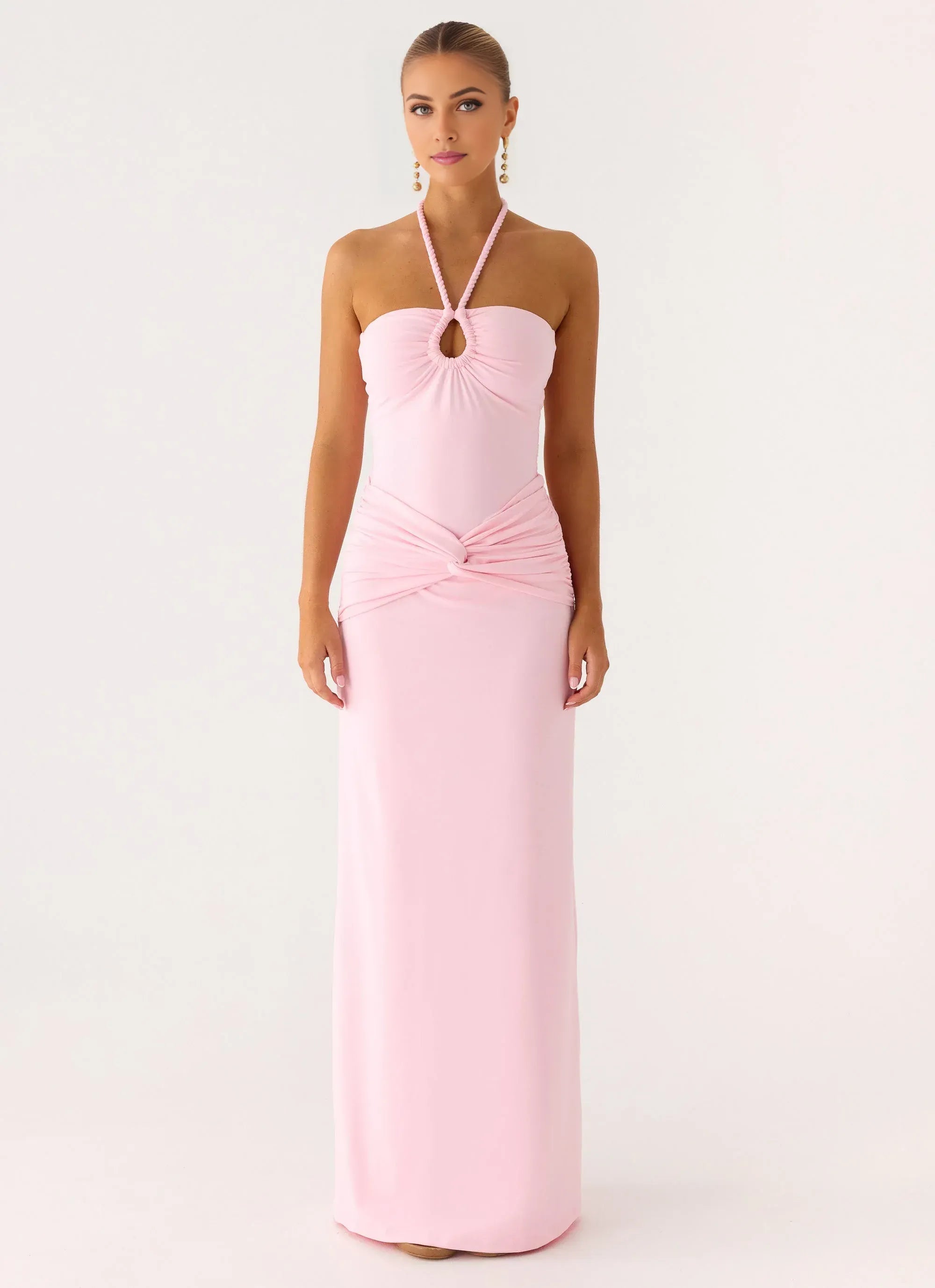 Dreamy Sheath Halter Neck Sleeveless Ruched Front Floor Length Plus Size Evening Dress