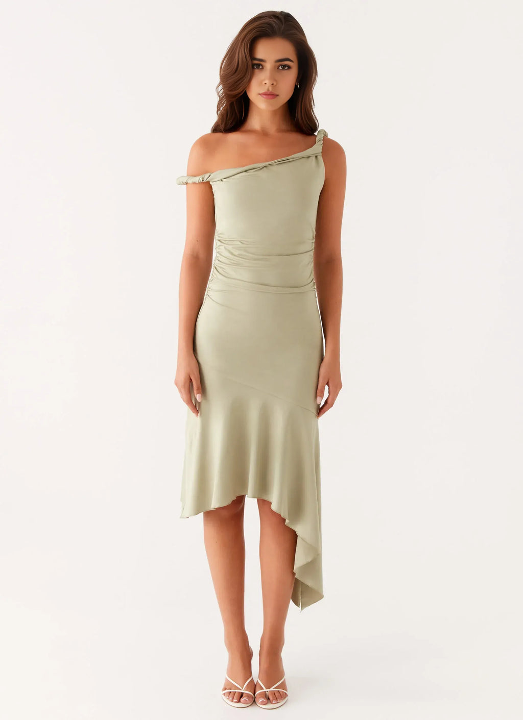 Dreamy Sheath One Shoulder Sleeveless Ruched Back Asymmetric Midi Plus Size Evening Dress
